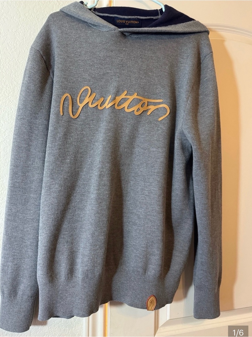 Louis Vuitton Men’s Grey Crewneck Sweater with Tan Script Logo